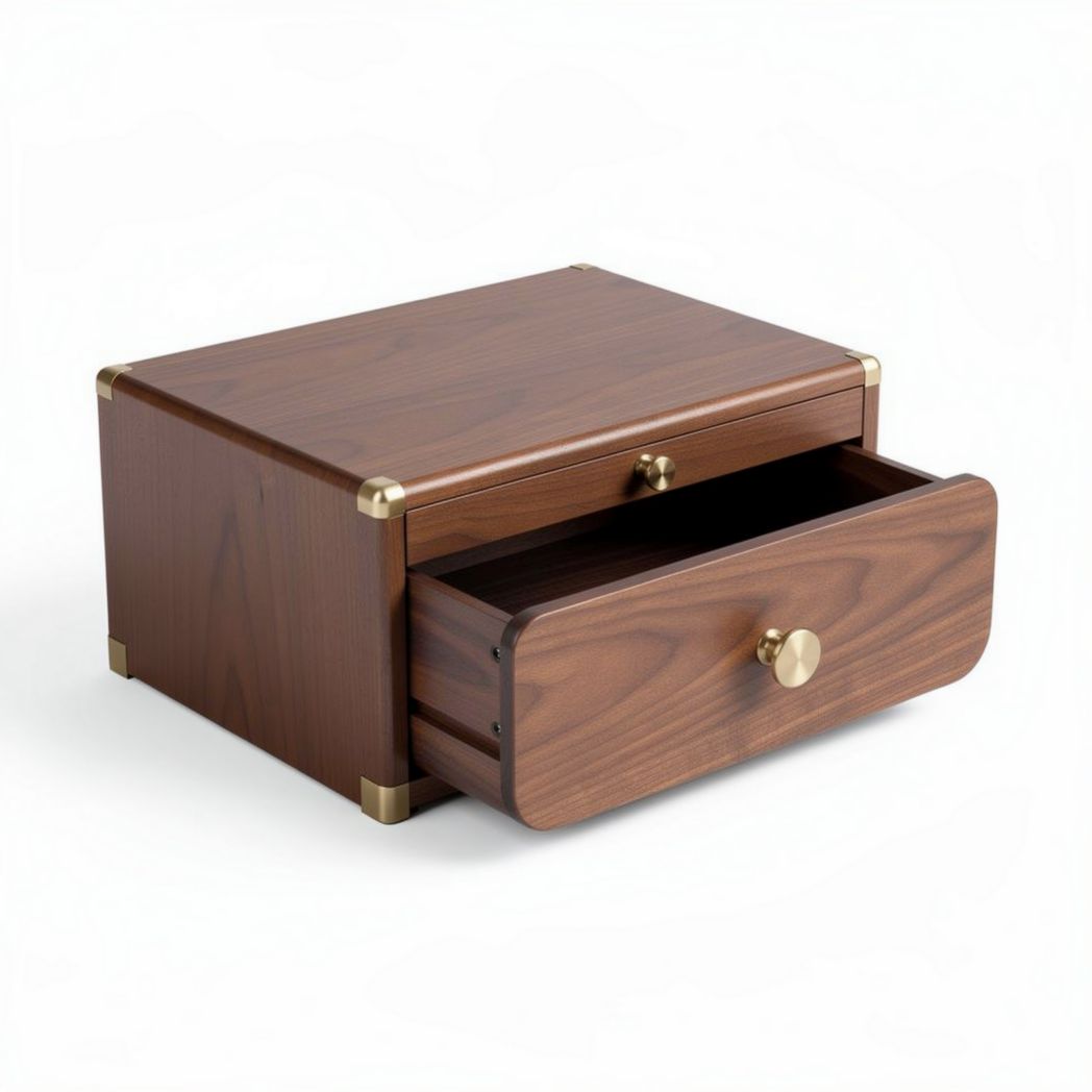Wooden storage box with brass accents and a single drawer 30 x 25 x 15cm