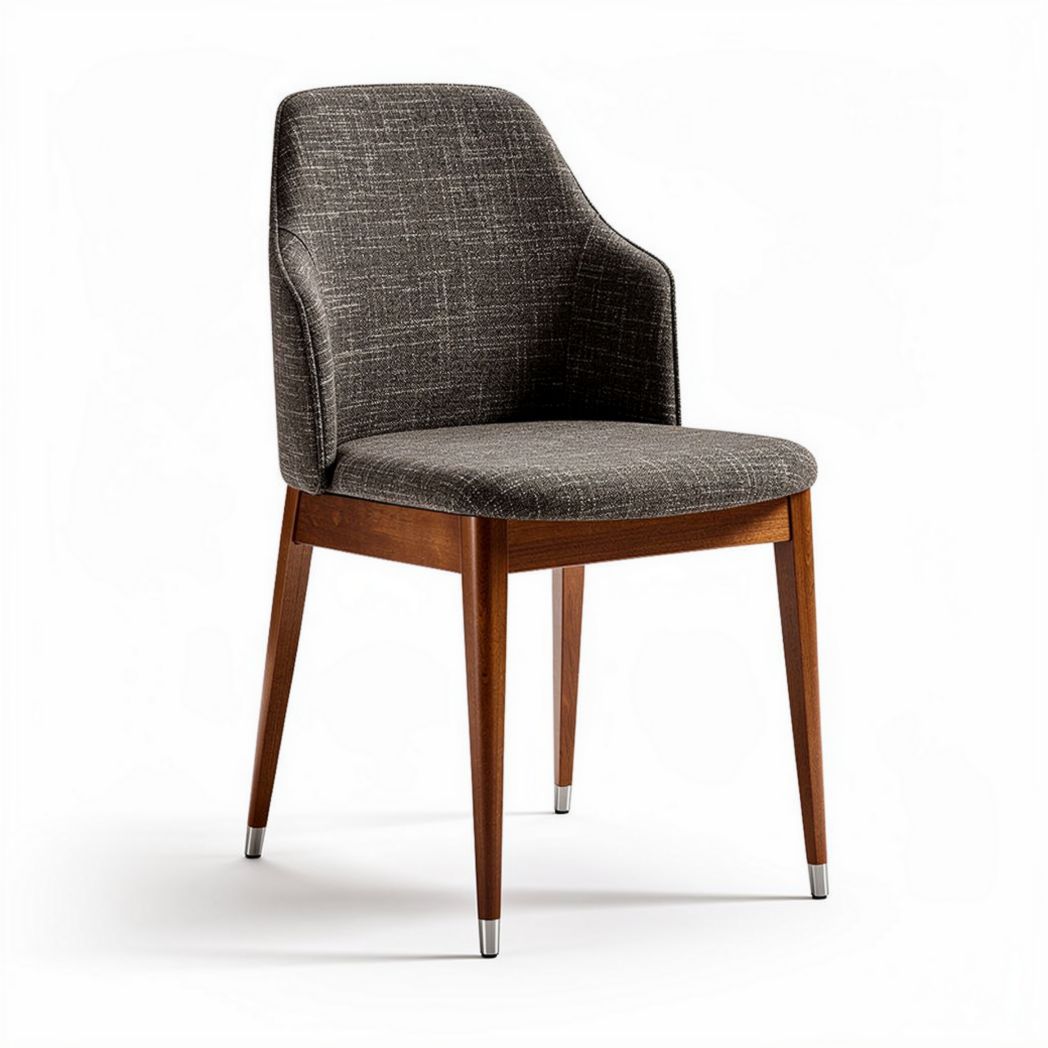 Upholstered dining chair with wooden legs and armrest in gray fabric