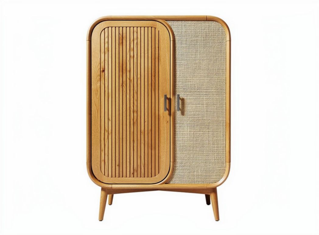 Wooden storage cabinet with natural finish and woven door design 80 x 40 x 120cm