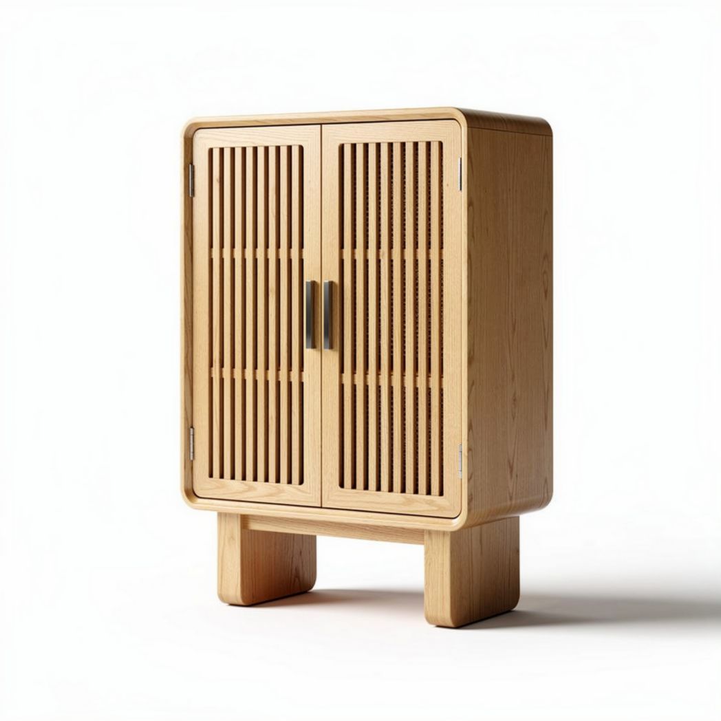 Wooden storage cabinet with slatted doors and natural finish 60 x 40 x 90cm