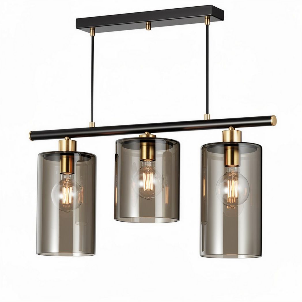 Three-light pendant fixture with glass shades in black and gold finish 50 x 15 x 30cm