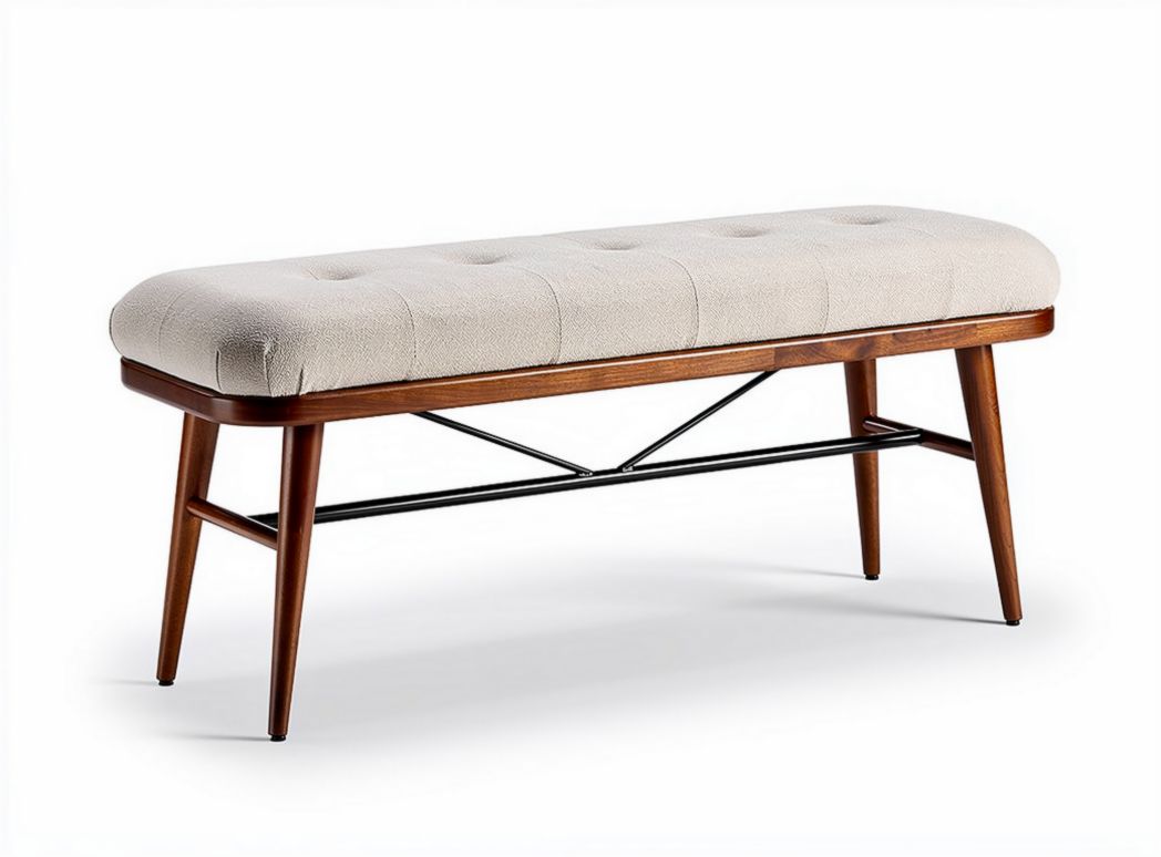 Upholstered bench in beige fabric with wooden frame and metal base 120 x 40 x 45cm