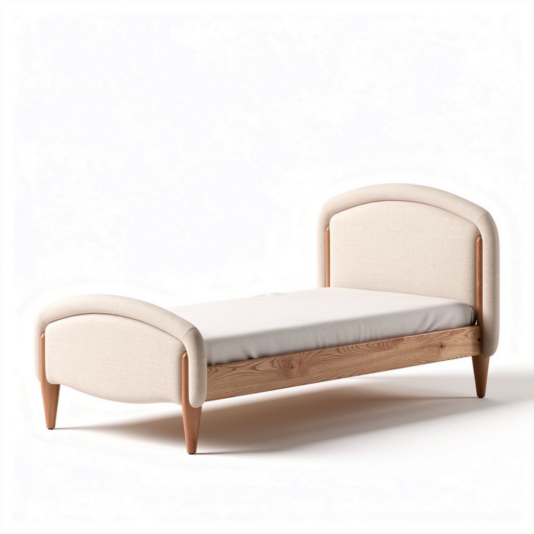 Wooden bed frame with upholstered linen headboard in cream color 200 x 90 x 70cm