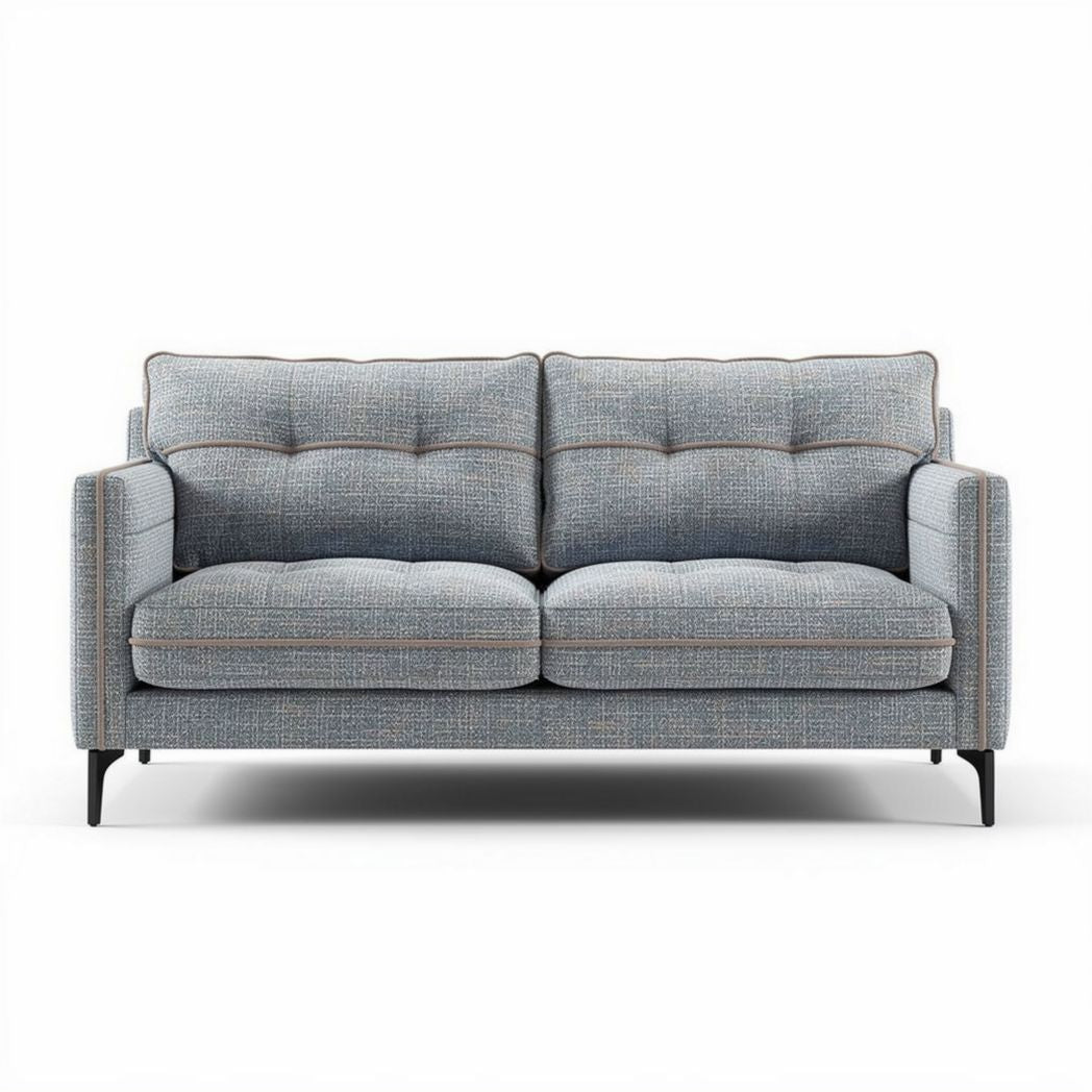 Two-seater sofa in blue fabric with tufted cushions and metal legs 180 x 90 x 85cm