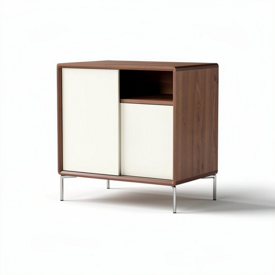 Walnut storage cabinet with two doors and open shelf 80 x 50 x 70cm