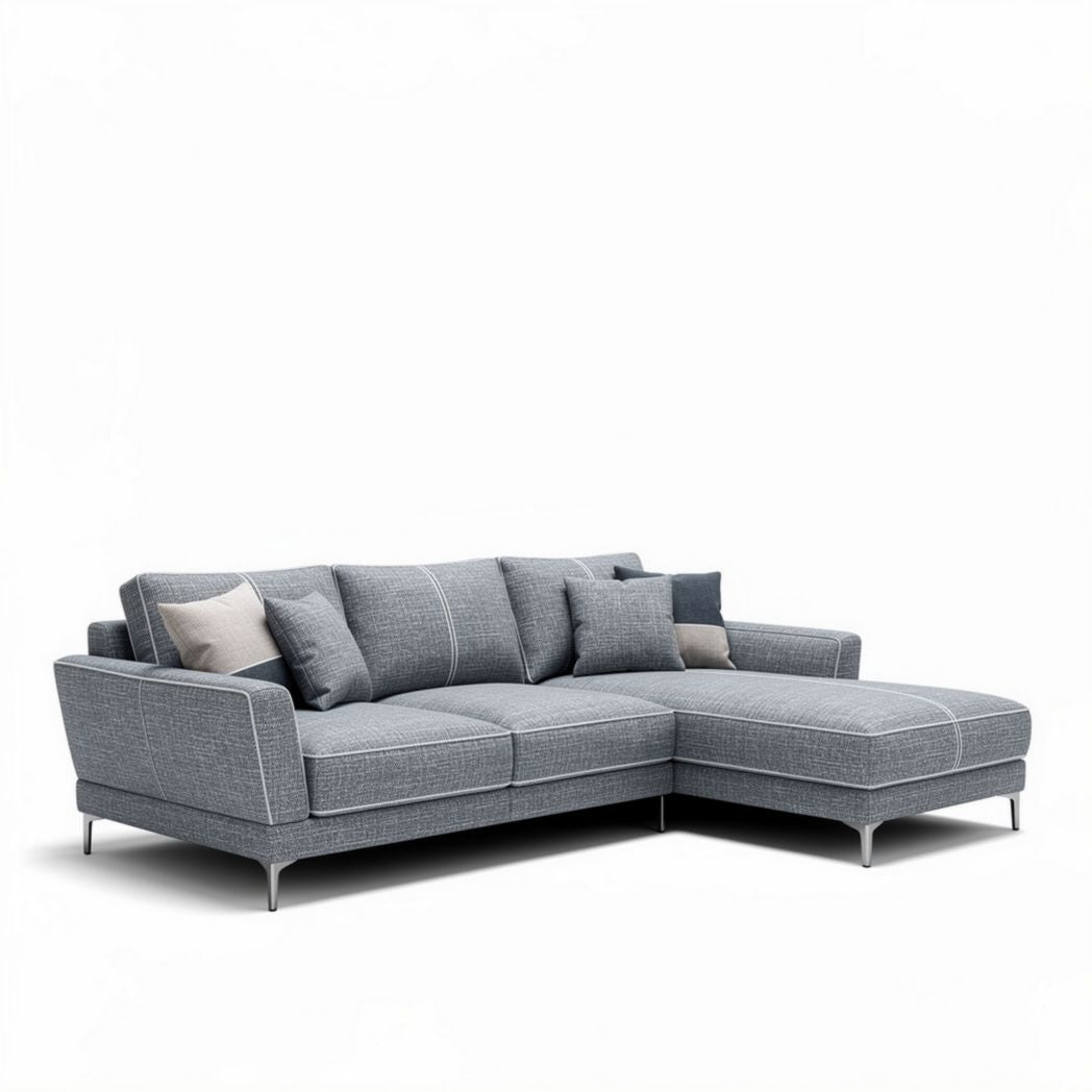 Modern l-shaped sectional sofa in gray fabric with removable cushions
