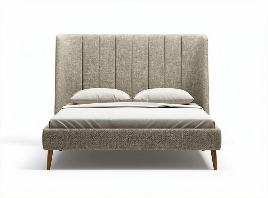 Upholstered bed frame with tall headboard and wooden legs in gray fabric