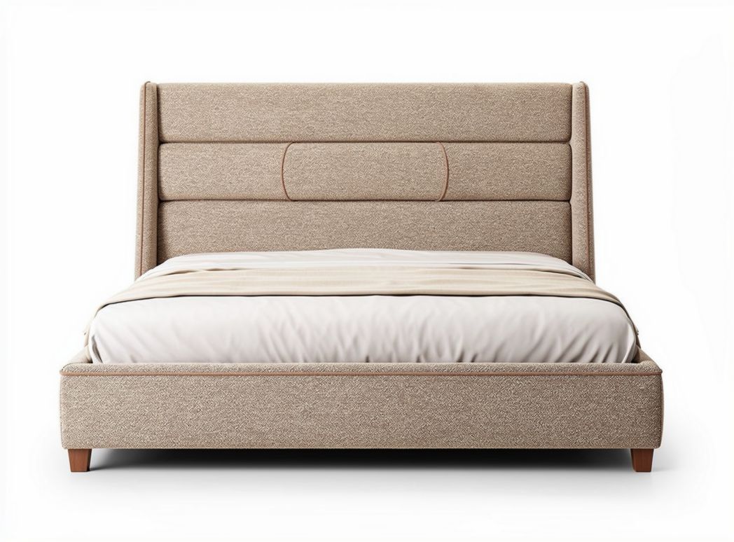Modern upholstered bed frame in beige fabric with wood legs 200 x 160 x 100cm
